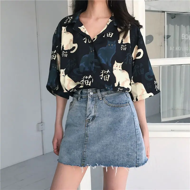 Shirts Women Vintage Cat Printed Korean Basic Loose Chic Design Ladies Clothing Girl Daily College Street All-Match Womens Top