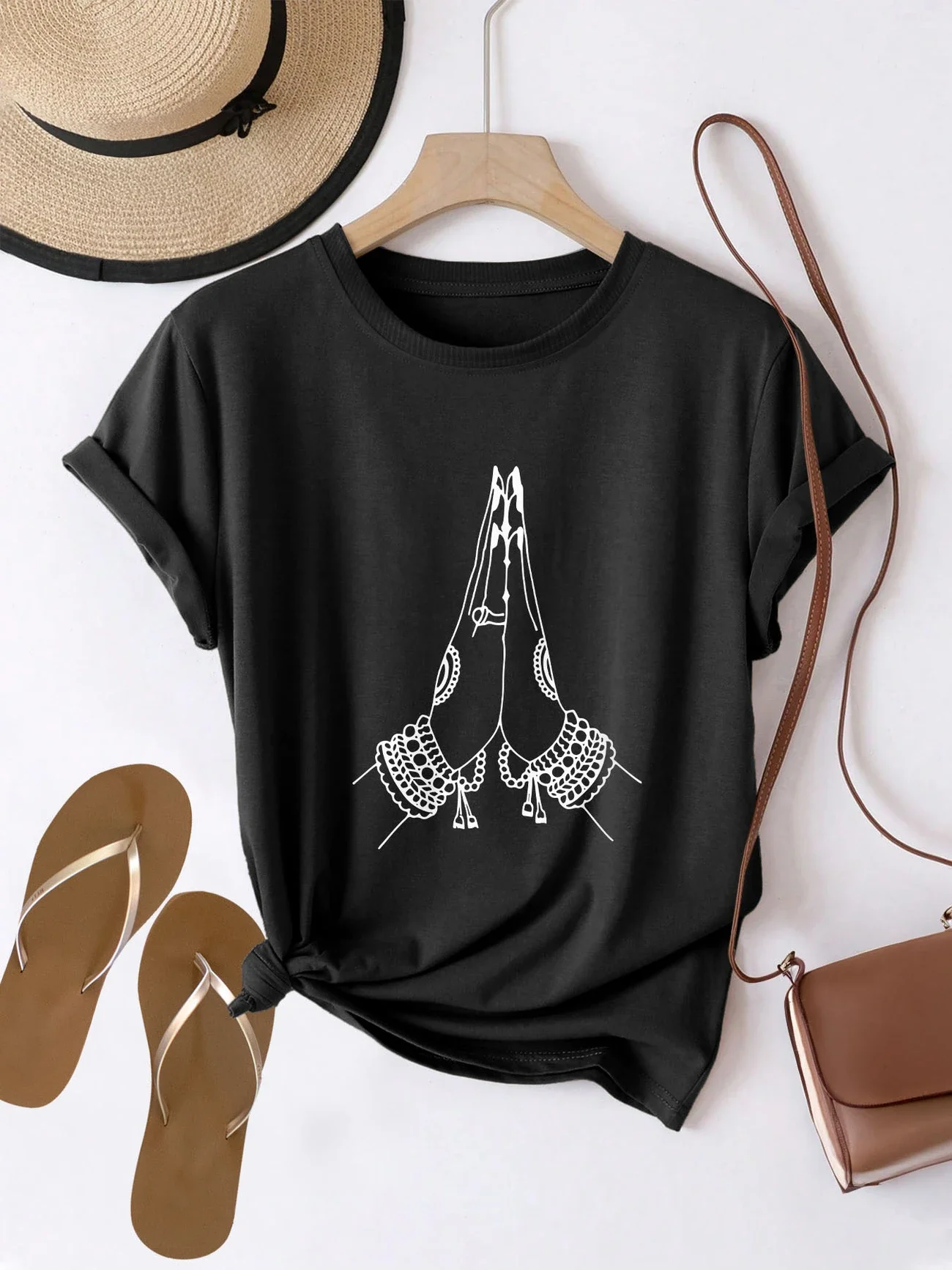 

Plus - Size Spiritual Graphic Tee, Black Short - Sleeve with Prayer Hands Print