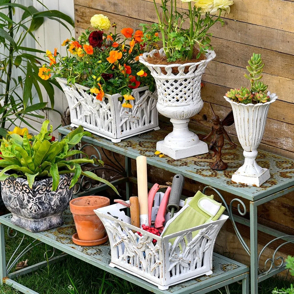 Sungmor Heavy Duty Cast Iron Planter Basket W/Non-Woven Growing Bag, Unique Shape & Beautiful Pattern Design, Hollow Orchid