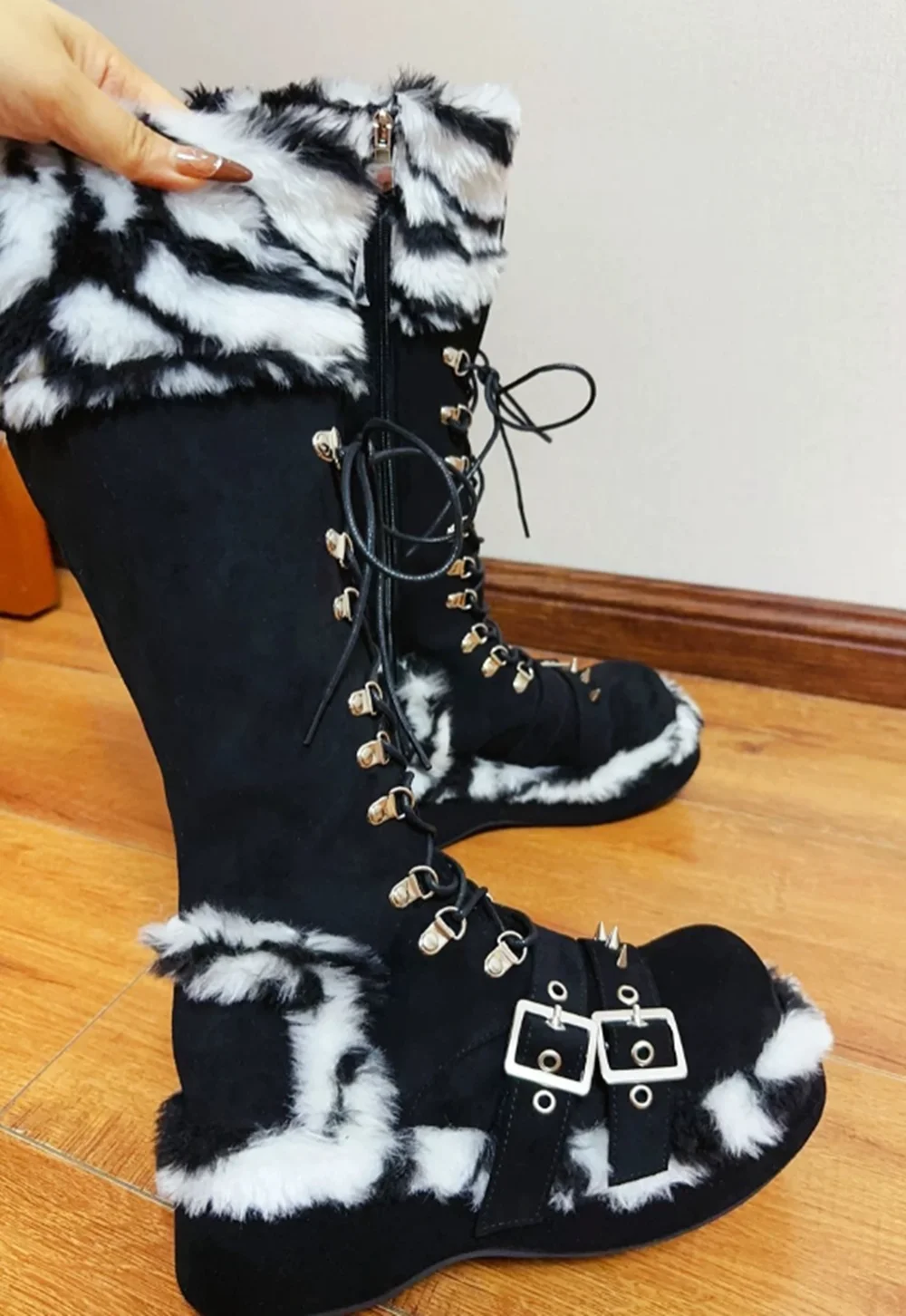 

Black Suede Leopard-Print Fur Platform Boots Hardware Detail Chunky Sole Accented Lace-Up Straps Punk-Glam Style Fashion Looks