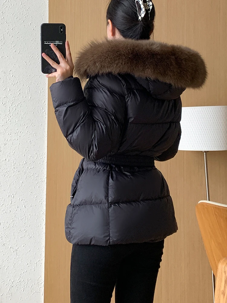 Fashion Winter Women Puffer Jacket Light Luxury Solid Color Hooded Large Fur Collar Slim White Duck Down Thermal Coats Ladies