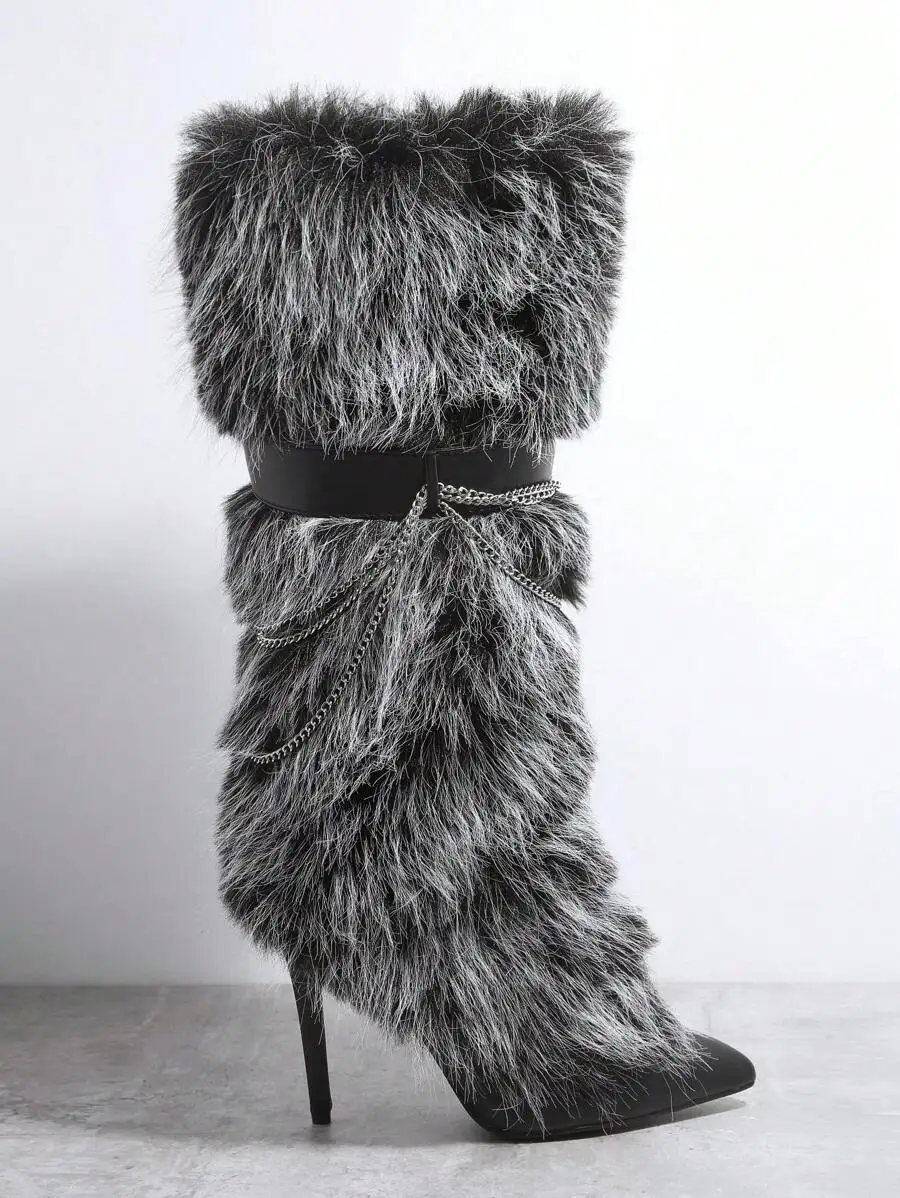 Plush High Heels Fur Long Booties 2025 Winter New Style Booties Metal Chain Fluffy Knee High Boots Furry Snow Shoes Warm Soft