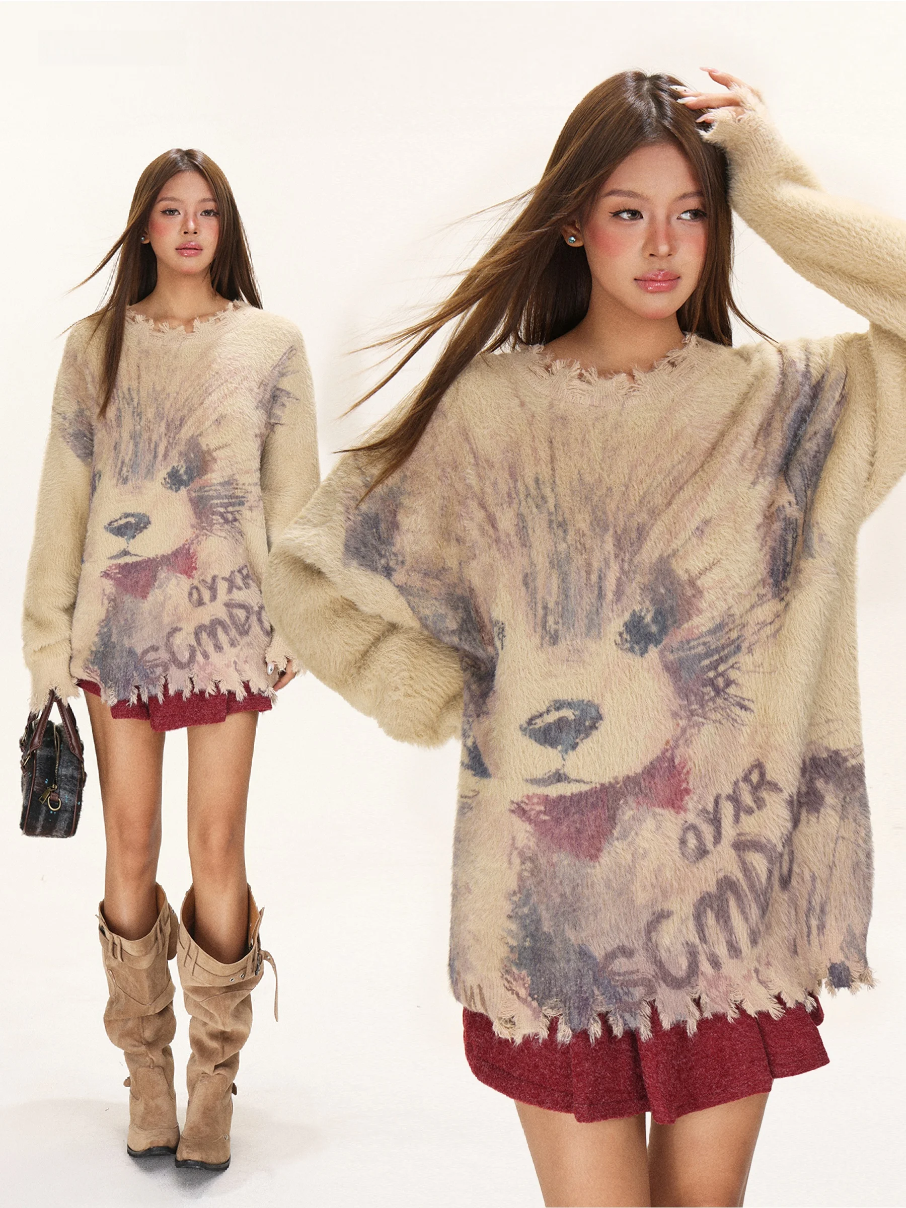 

Американская уличная одежда в стиле ретро, свитер с мультяшным принтом, женский осенне-зимний теплый ленивый топ, потертый вид, повседневная футболка свободного покроя