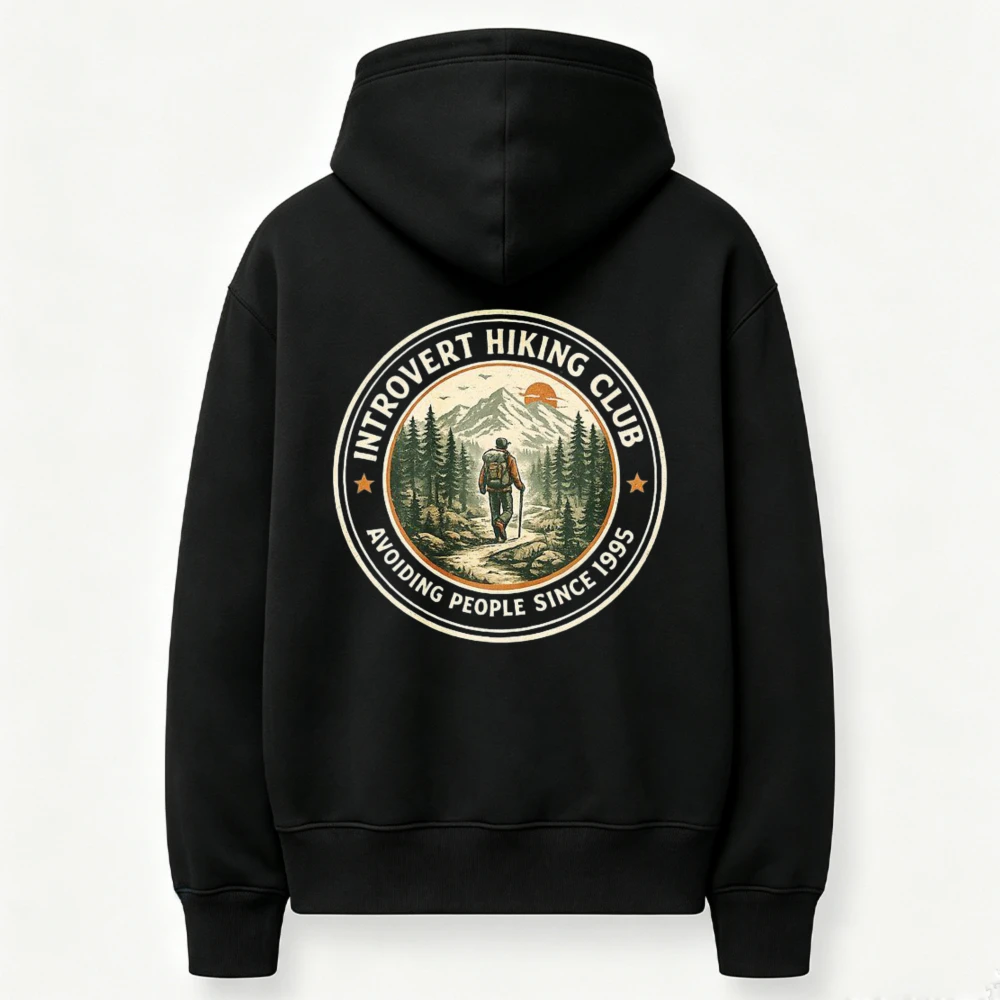 Introvert Hiking Club Vintage Circle Logo Graphic Hoodie Retro Mountain Pine Tree Hiker Sunset Art Print Sweatshirt Casual Tops