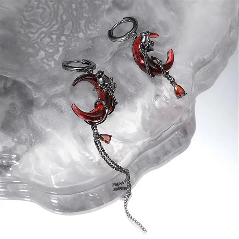 Gothic Style Asymmetry Red Moon Rose Earrings for Women Style Personality Crystal Drop Pendant Earrings Jewelry