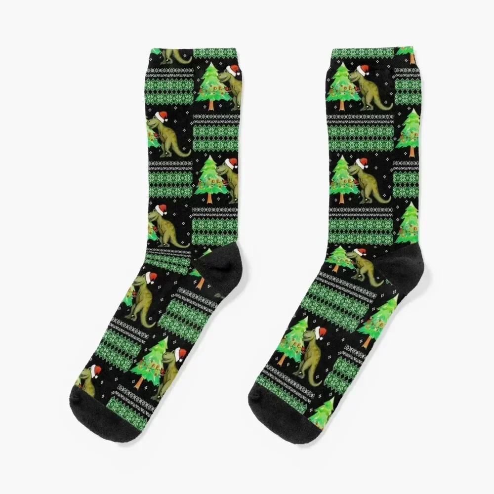 T-Rex Christmas Ugly Christmas Dinosaur Christmas Socks cool floral happy essential Girl'S Socks Men's