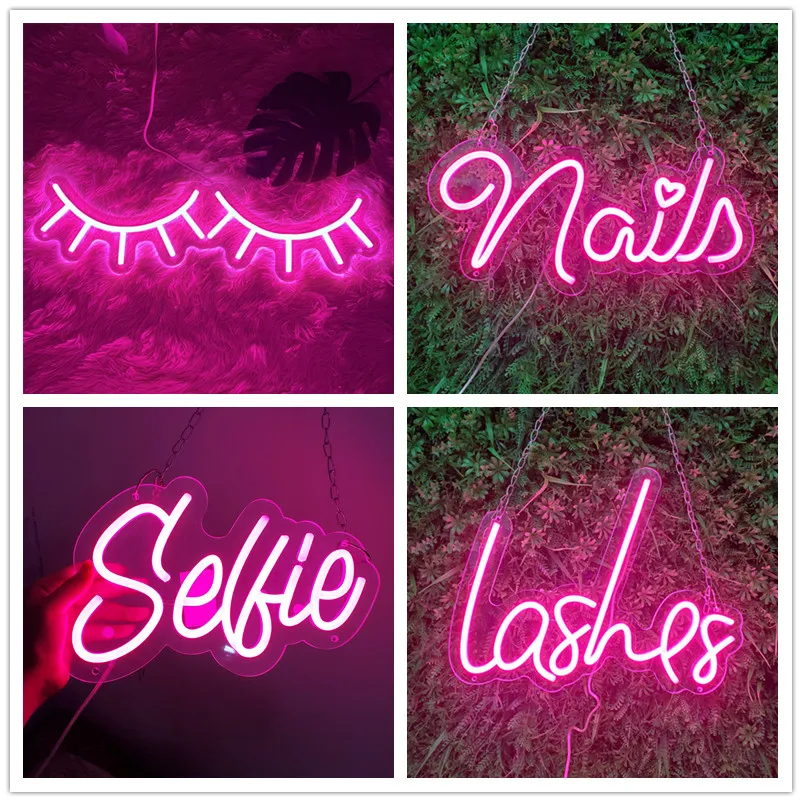 Eyelashes Nails Led Neon Sign Lashes/Nails Room Decor Beauty Salon Bar Aesthetic Wall Decor Small Business Sign Bedroom Gift USB