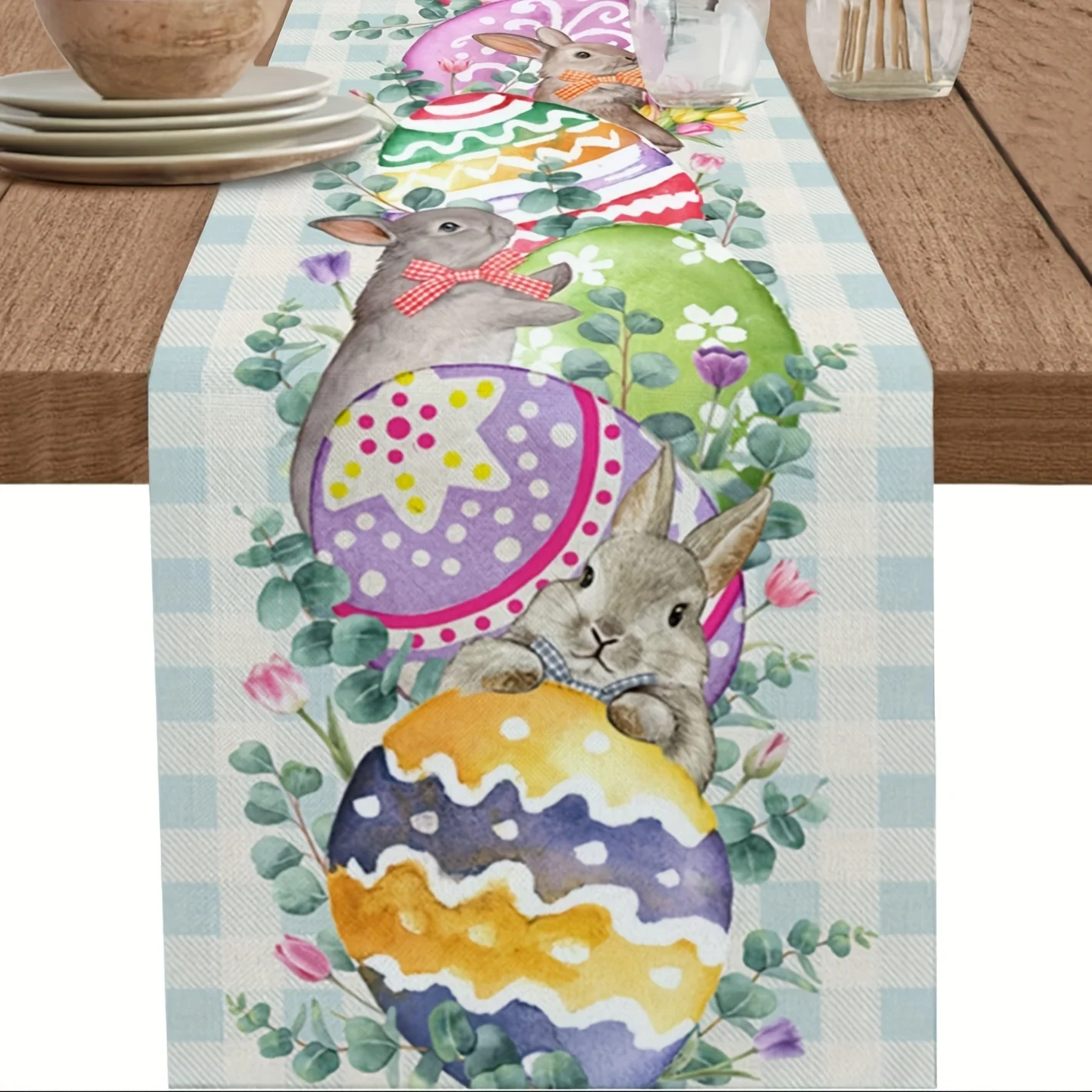 1pc Easter Bunny & Egg Table Runner Linen 2D Print - Watercolor Plaid Border Table Runner, Perfect for Kitchen Dining Room Decor