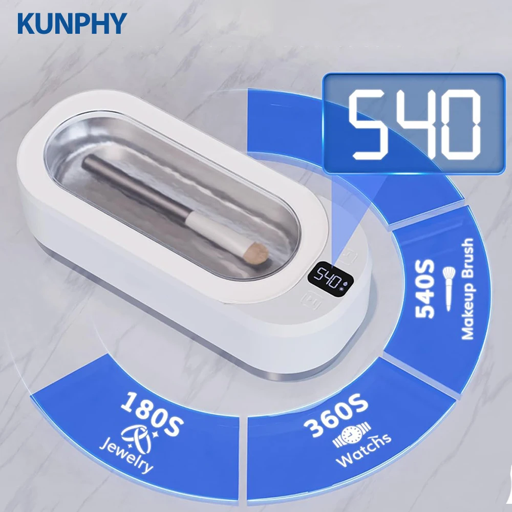 KUNPHY新型コンタクトレンズクリーナー ガラス洗浄機 350ml 48kHz超音波ジュエリーバイブレーター 3つのデジタルタイマー付き 脱気モード 超音波