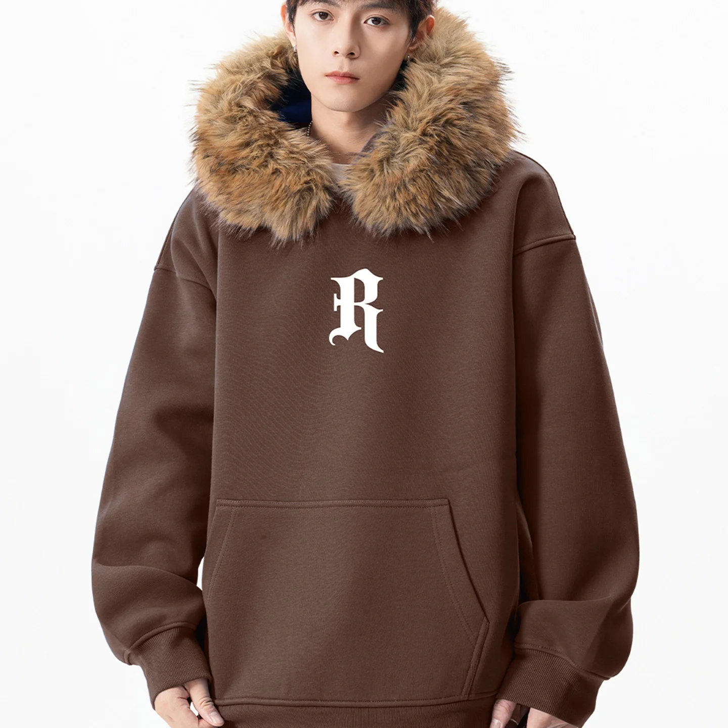 

Heavyweight Hoodie Loose Youth American Retro Lettered Overhead Warm Winter Fur Collar Men's Casual Faion Polyester Fiber