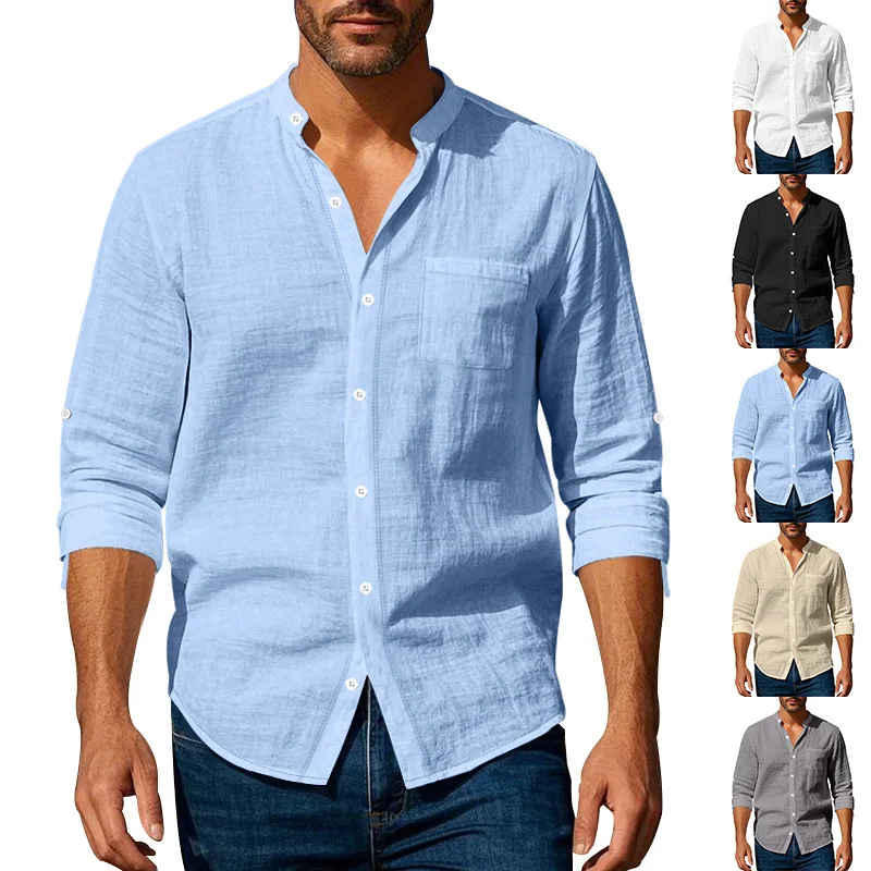 

new spring and autumn men's linen shirt, solid color stand-up collar breathable casual men's new pocket long-sleeved shirt