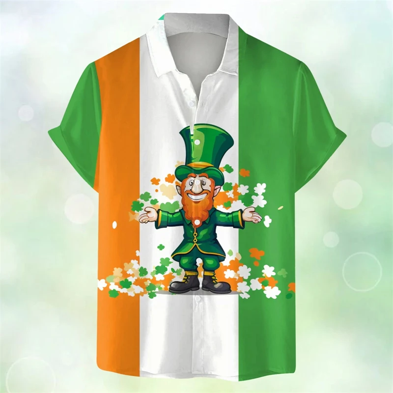 Mens Shirt Saint Patrick Festive Green Shamrock Print Lapel Short Sleeved Shirt Vintage Solid Shirts Cardigan Men's Blouses