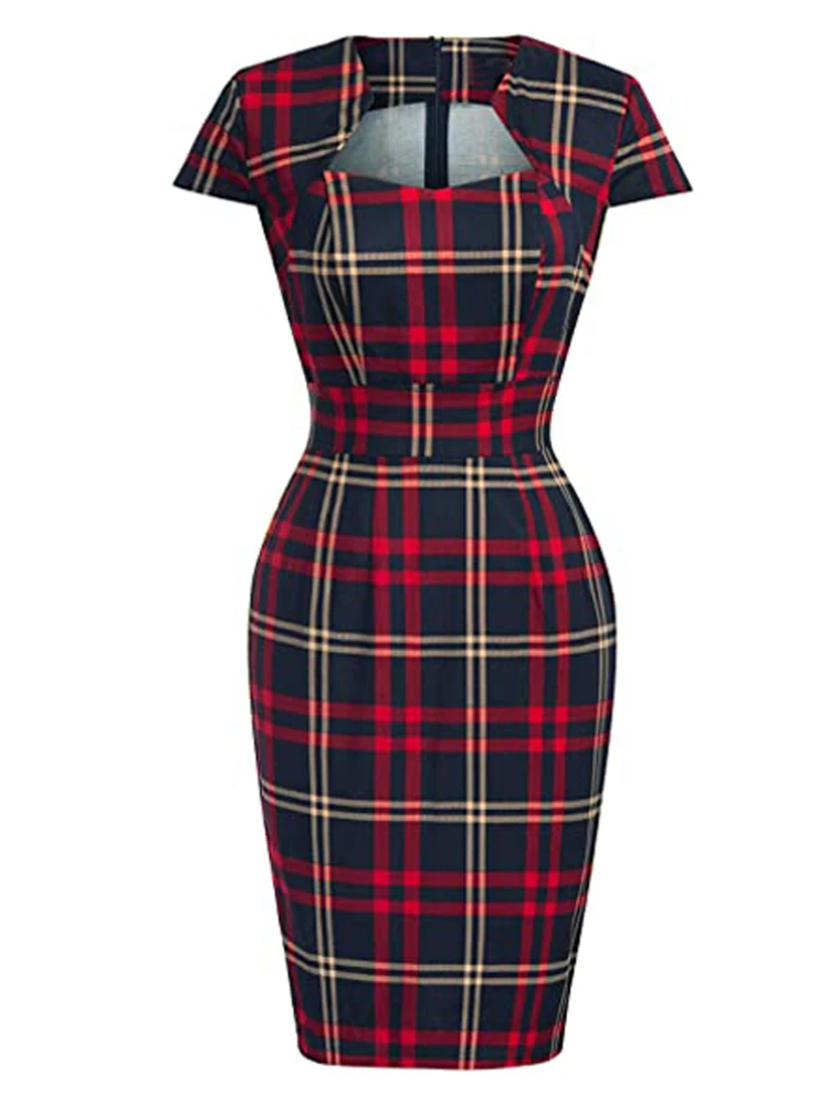 

2024 New Summer Women Wiggle Pencil Dress Vintage Sexy 1950s Short Sleeve Solid Plaid Pinup Vestidos Retro Bodycon Sheath Jurken