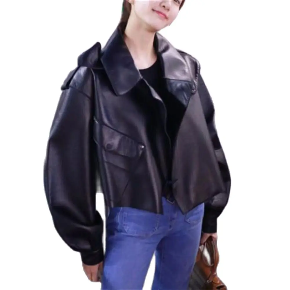 Women's Faux Leather Biker Jacket Black Coat Turndown Collar PU Motorcycle Jackets Loose Streetwear Outerwear Spring Tops New