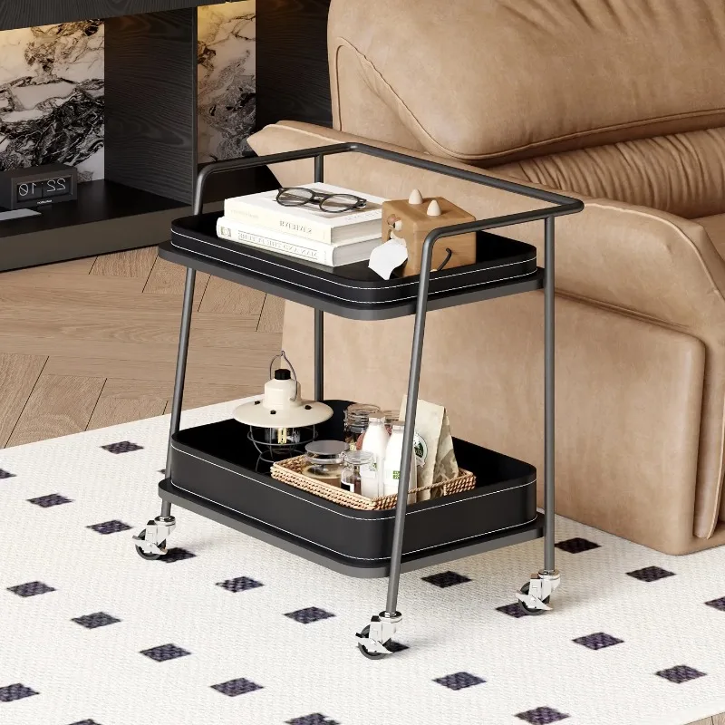Saddle Leather Rolling Cart, Mobile Side Table with Wheels, Multi-Functional Metal Organizer, Rolling Utility Cart for Home
