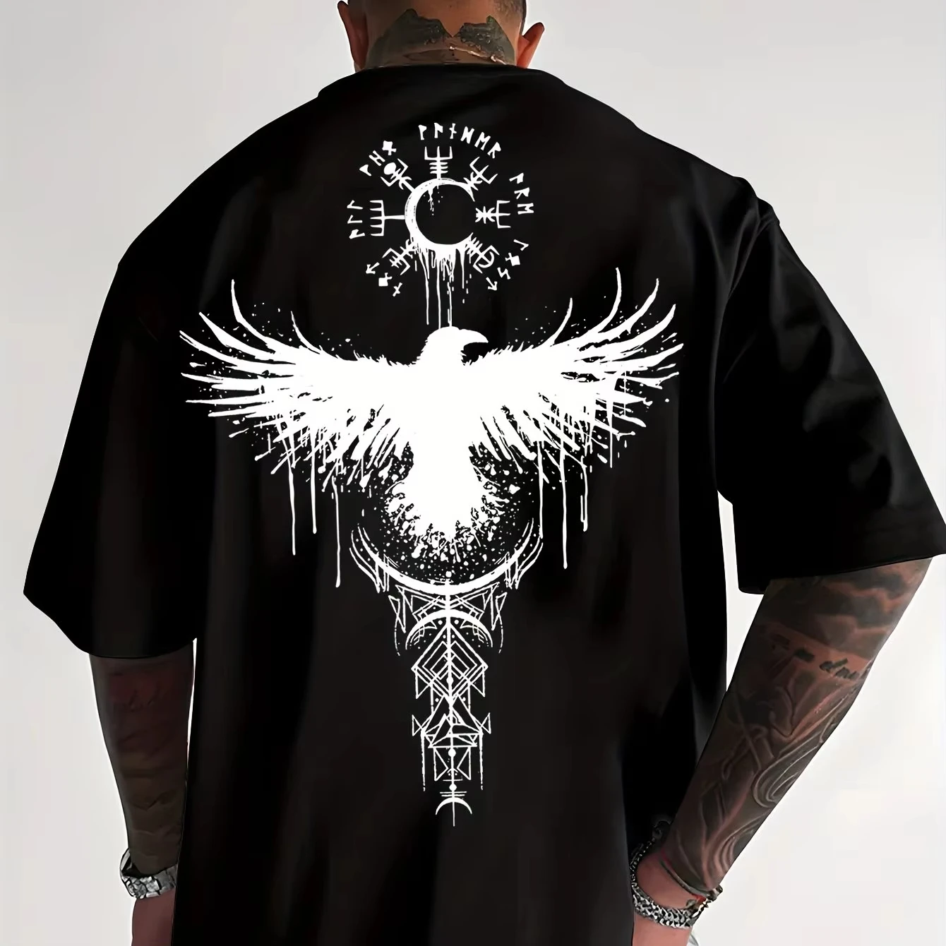 Men Raven Totem Graphic T-Shirt Breathable Summer Streetwear Tee with Geometric Tribal Print Light Yellow Casual Outdoor Shirt