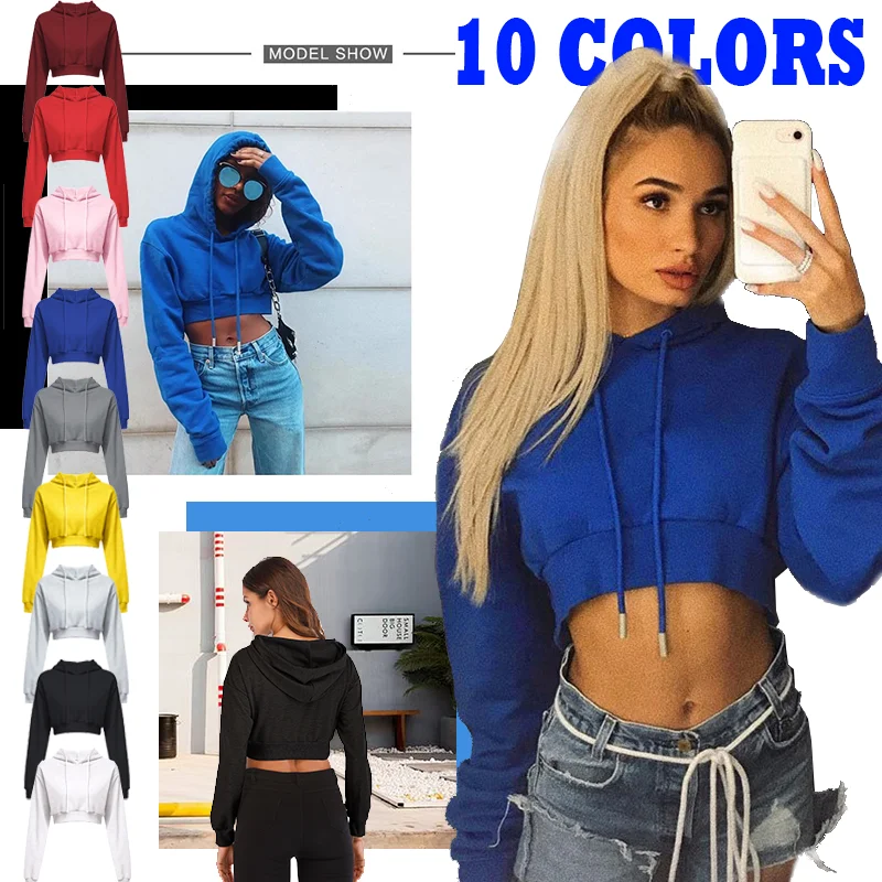 Sweatshirt bertudung pendek seri dopamin warna polos klasik 2024 Pullover kasual musim semi musim gugur baru Atasan terbuka pusar (S-2XL)