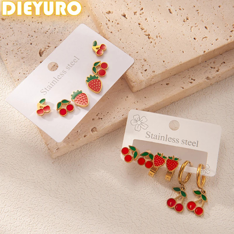 DIEYURO 316L Acero inoxidable rojo aceite goteo fresa cereza 6 piezas pendientes mujeres nueva moda pendientes joyería regalo de fiesta ﻿