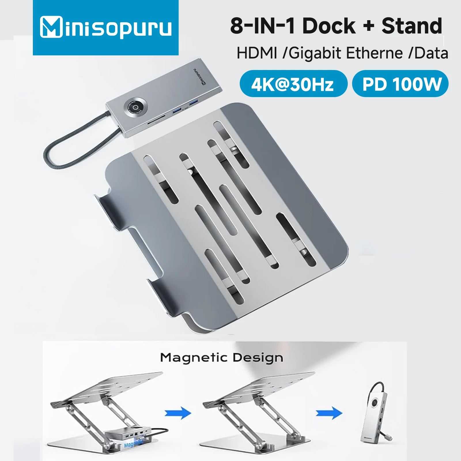 

Minisopuru USB C HUB Stand with 4K HDMI 100W PD USB C Docking Station for MacBook Pro Air 10-17inch Adjustable Laptop Stand