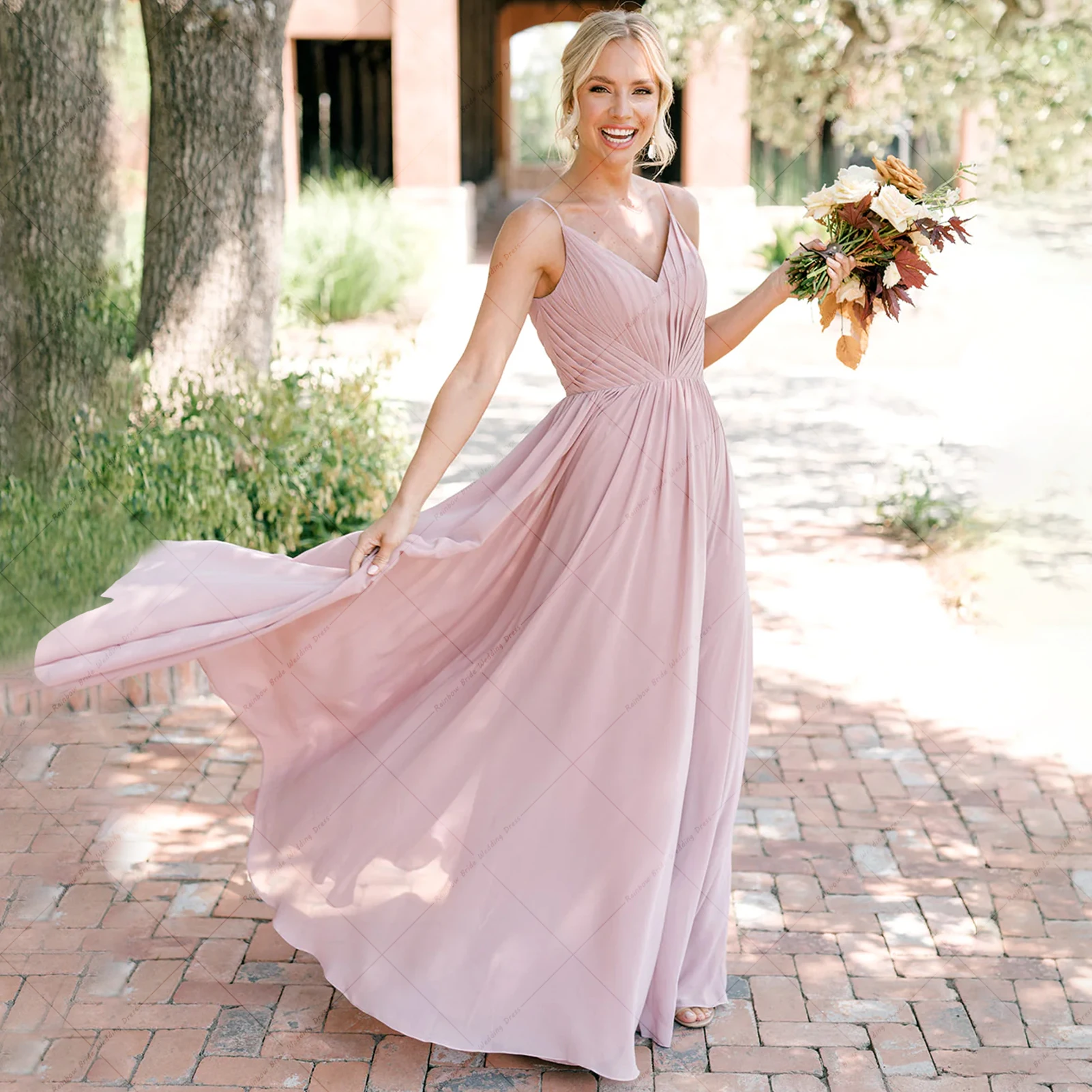 Vestido de fiesta de boda de línea a de gasa elegante, volantes simples, cuello en V, vestidos de dama de Honor con cremallera, tirantes finos, vestido de dama de Honor