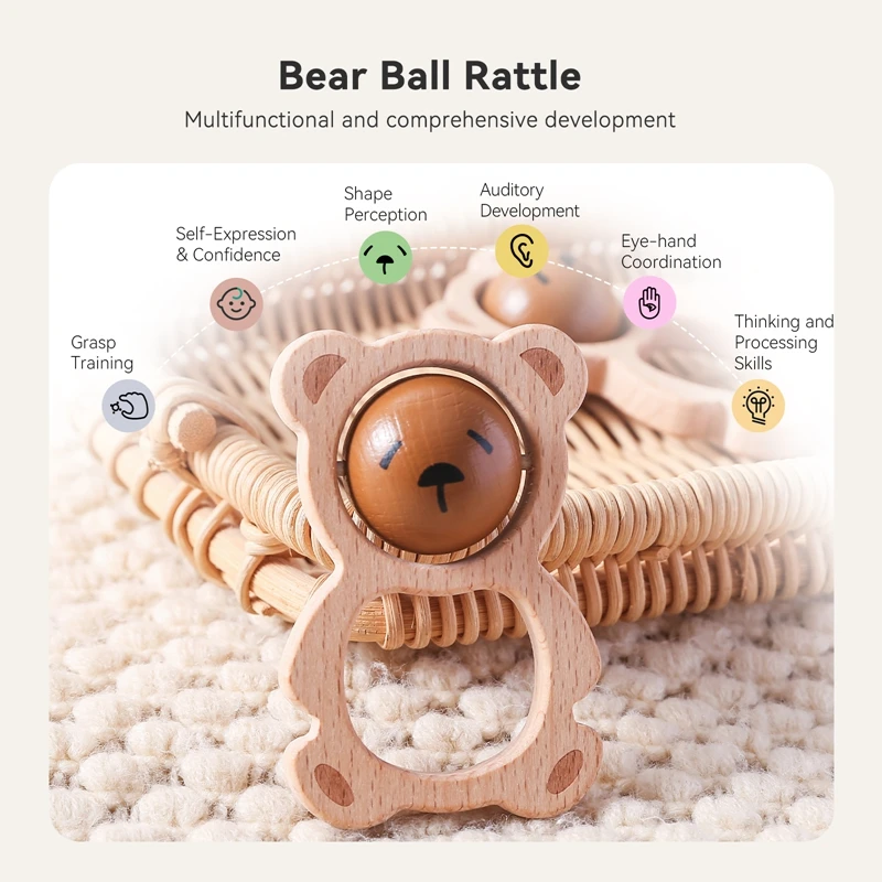 Baby Wooden Cartoon Bear Rattle Toy Newborn Teeth Chew And Grind Toys BPA-Free Crib Music Soothing Toys Newbaby Christmas Gift