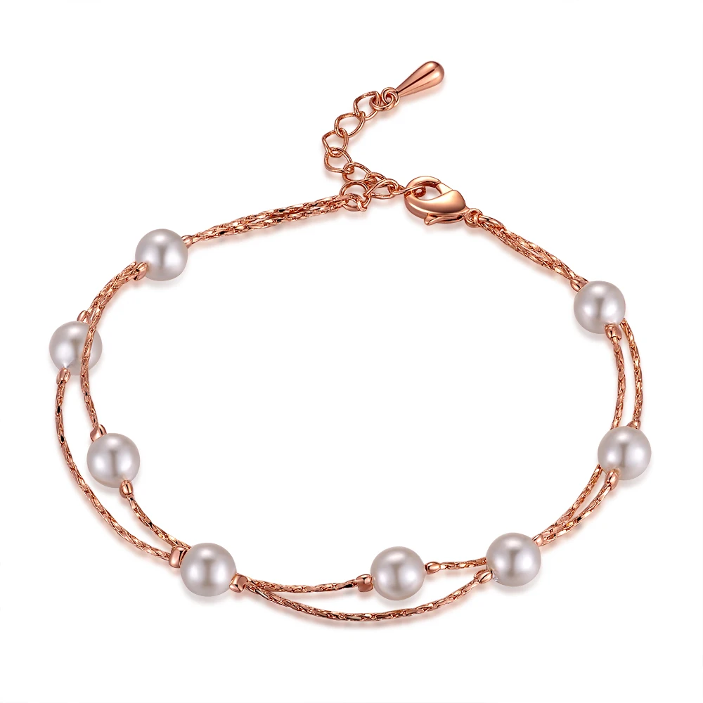 Double Layer Imitation Pearl Beads Charm Bracelets Bangles for Women Rose Gold Color Short Chain on Hand Wedding Jewelry DFH169