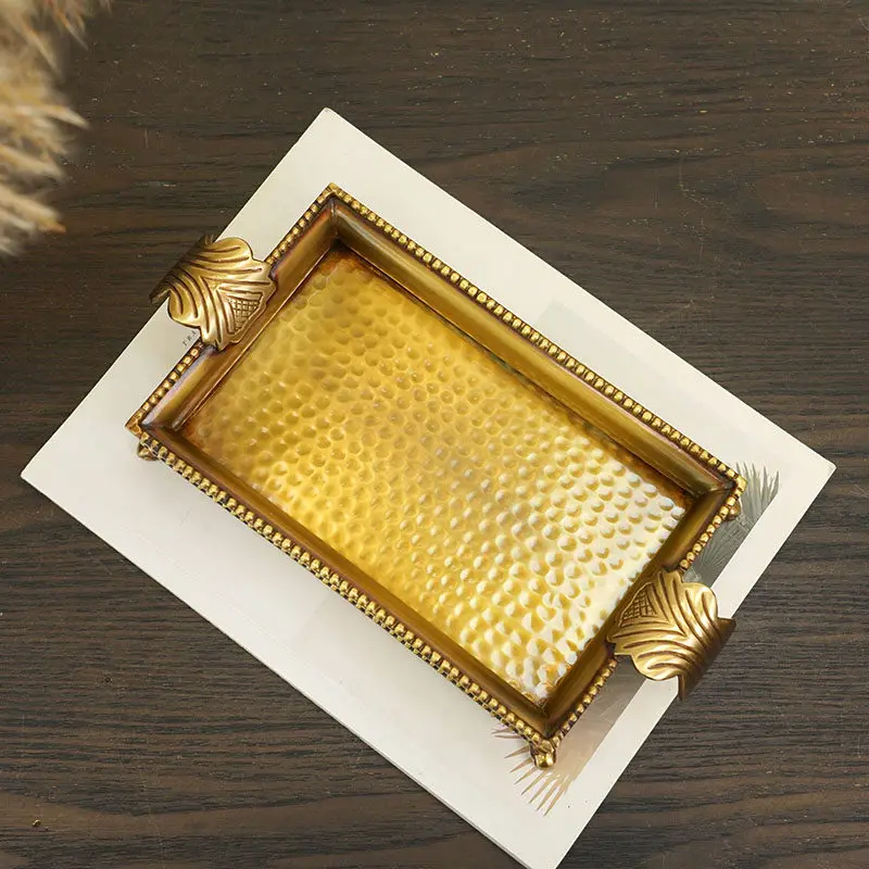 Handmade Brass Tray Vintage Home Decor Fruit Bowl Cosmetics & Perfume Display with Handle for Storage Retro Dining Organizer