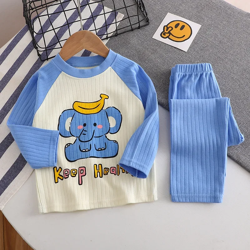 Pyjama chaud à col rond pour bébé garçon et fille, ensemble de sous-vêtements, t-shirt, pantalon, dessin animé, animal, mignon, automne, nouveau