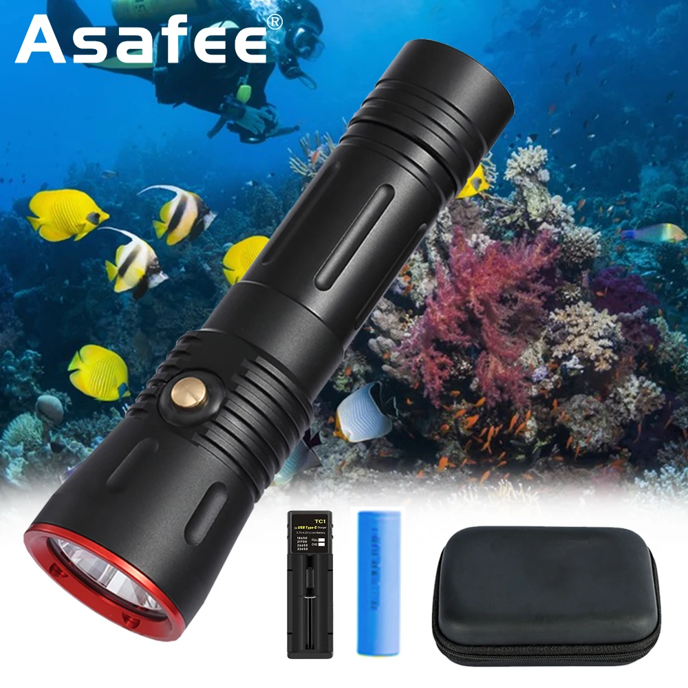 Asafee 2000LM LED Scuba Diving Flashlight SST40 IPX8 Waterproof Dive Torch Lamp Underwater 100M Spearfishing Light