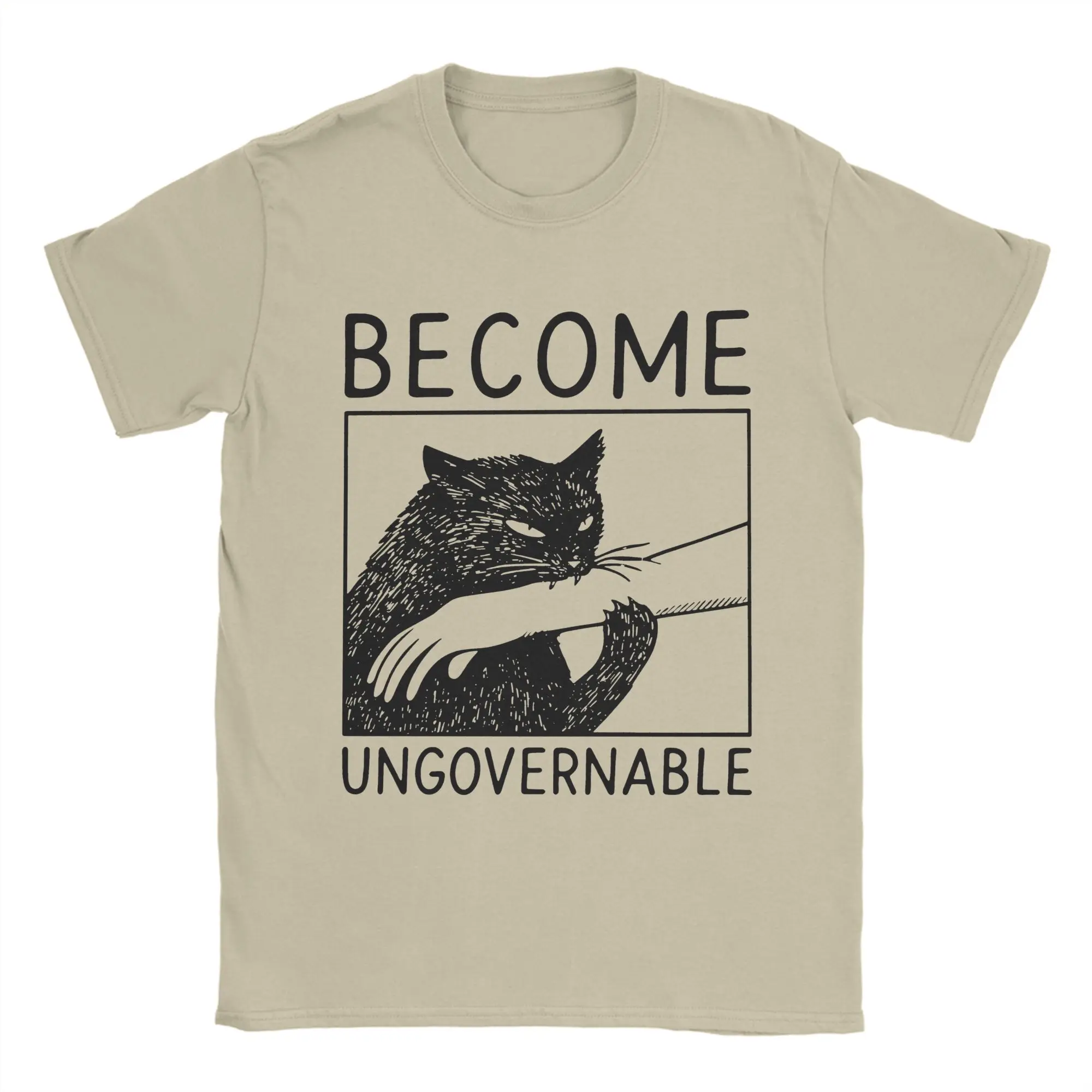 Funny Cat Biting Hand Become Ungovernable T-Shirt Vintage Pure Cotton Tee Shirt Round Collar Short Sleeve T Shirts Big Size Tops