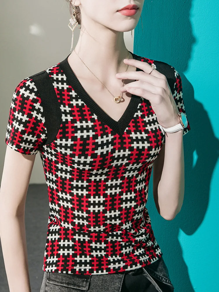 Grid Prined V-Neck T-Shir For Women, Shor Sleeved Slim Fi, 2025 New Collecion, Spliced Swee And Cool Summer Op, Base