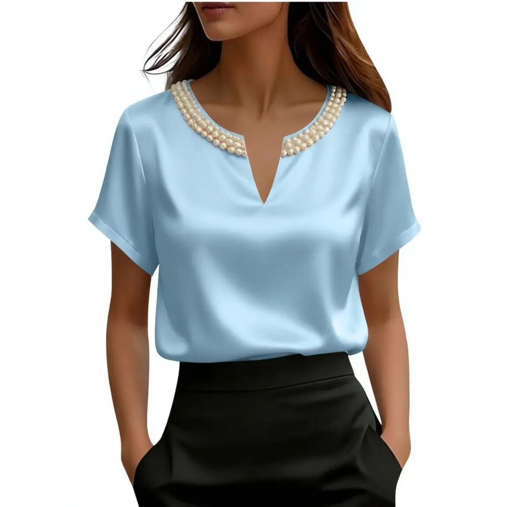 Elegant Satin Short Sleeve T Shirt Women Summer Pearl Beaded Round Neck Casual Blouse Fashion Streetwear Chic Pullover