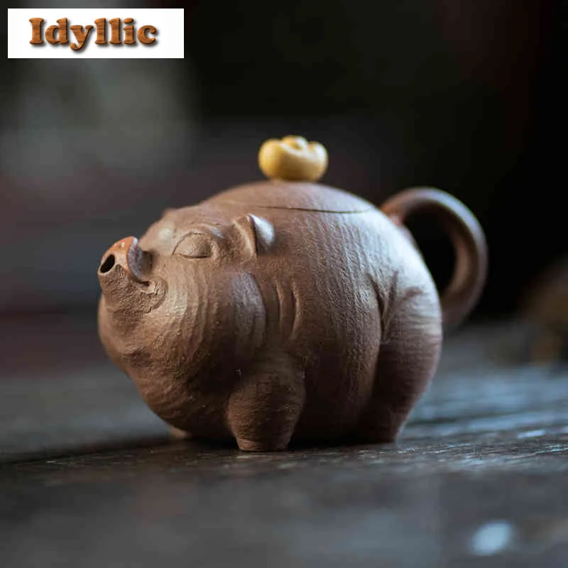 

200ml Elegant Yixing Purple Clay Teapots Handmade Animals Ingot Pig Pot Raw Ore Purple Gold Mud Kettle With Filter Zisha Tea Set