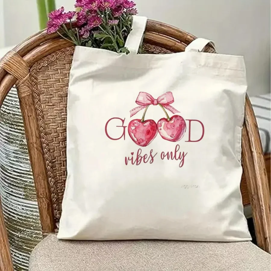 Seaside Photogenic Prop Canvas Tote Bag Cherry Print Reusable Beach Bag Large Capacity Vacation Accessory For Women Trendy Style