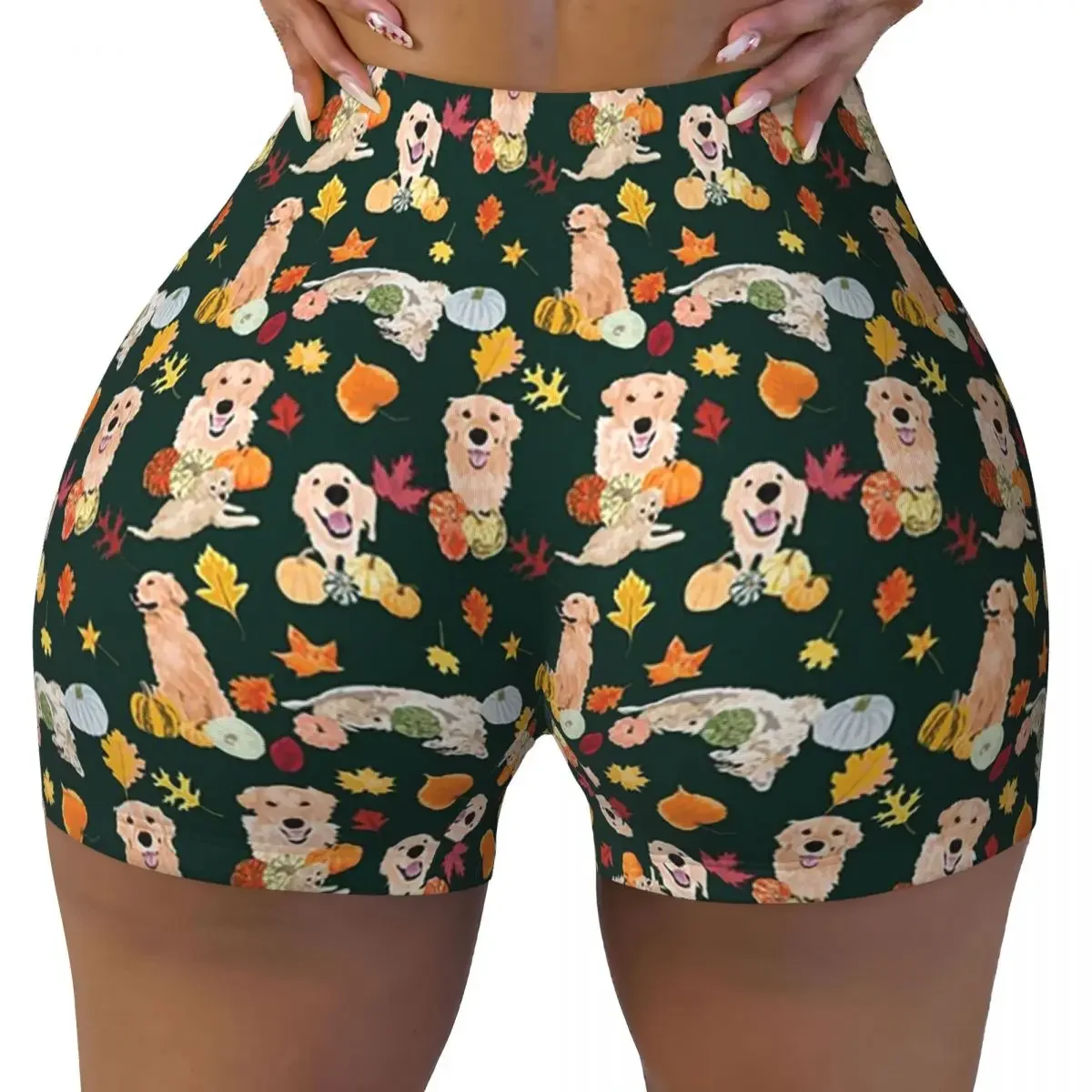 Custom Golden Retriever Fall Green Yoga Shorts Women Gym Workout Running Athletic Volleyball Biker Shorts