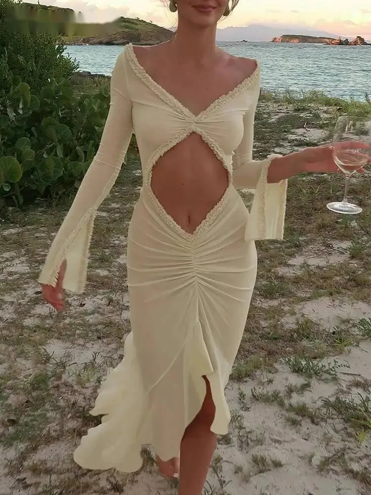 Mesh Concise Kleid Frauen Klassische Urlaub Stil Langarm Cut Out Raffen Asymmetrische Robe Weibliche Elegante Kleidung P855