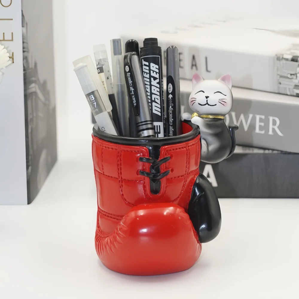 Desktop Decoration Resin Boxing Gloves Pencil Holder Blue/Red with Cartoon Animal Pen Box Stable Base Brush Container Gift
