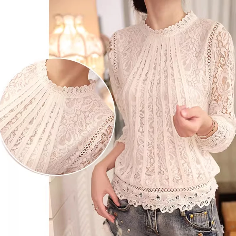 

Милая белая кружевная блузка, весенние кружевные блузки, повседневная рубашка с длинными рукавами и круглым вырезом, изысканный шифоновый топ с вышивкой 51C