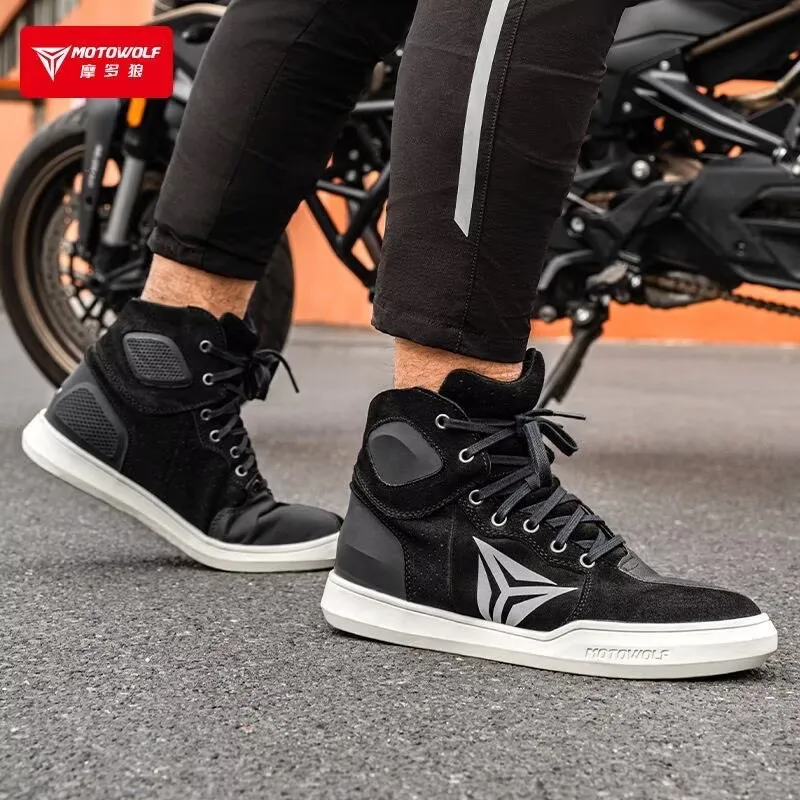 MOTOWOLF Motorcycle Boots Summer Breathable Leather Ventilated Riding Shoes Retro Anti-Slip Off-road Biker commuting Shoes
