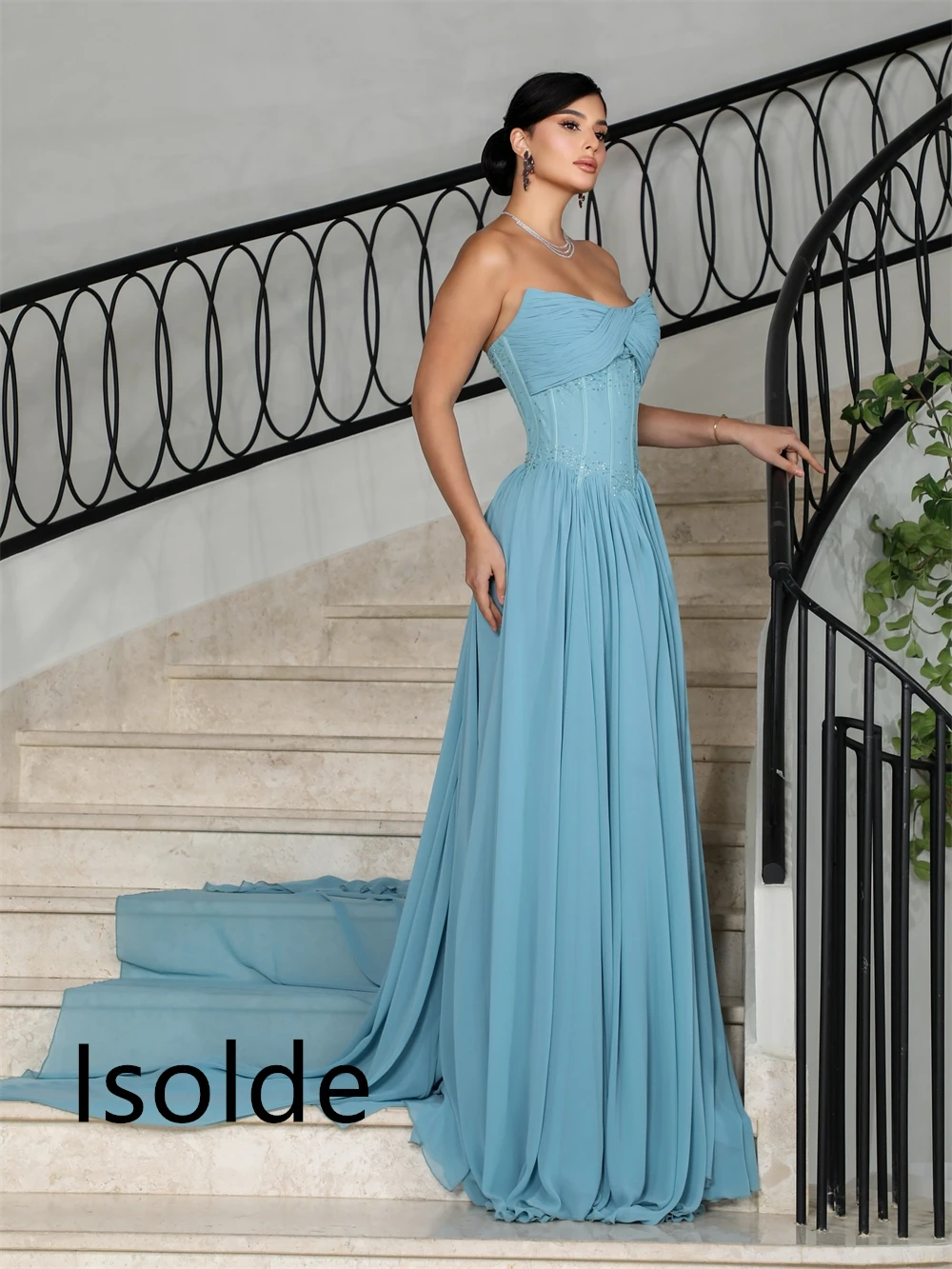Vestido de noche de gasa azul suave personalizado, exquisitos vestidos de fiesta sin mangas sin tirantes, vestidos formales para ocasiones especiales