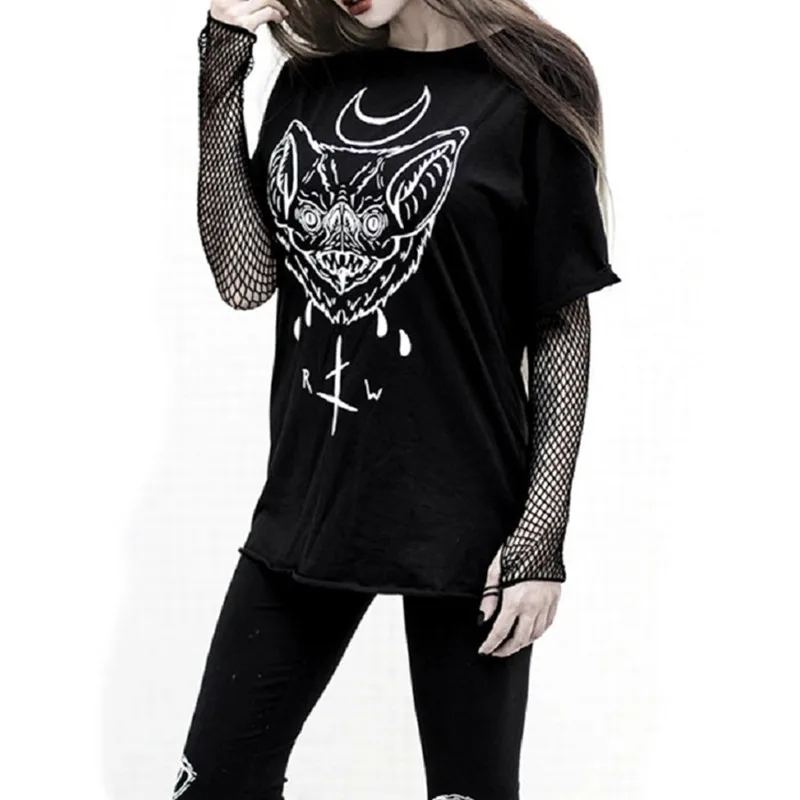 Dark Gothic Shirt Women Short Sleeve Shirt 2024 New Blood Thirsty Batface Print Black T shirt Punk Female Summer Tops