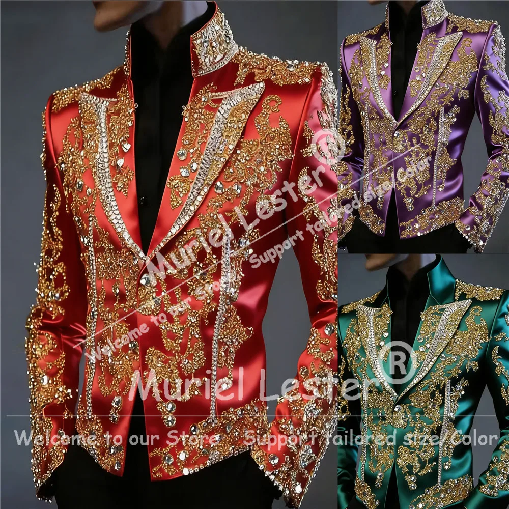 Abito da uomo con pietre con perline brillanti Giacca da uomo slim fit in raso a 2 pezzi con pantaloni in poliestere Abito da smoking da sposo personalizzato