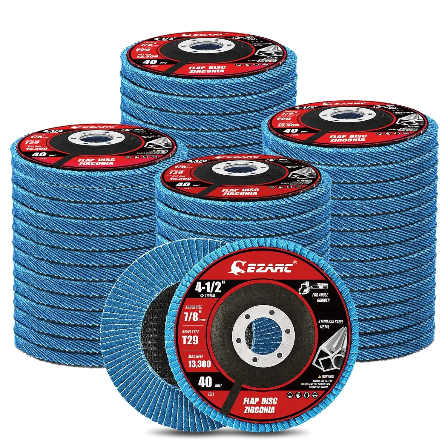 

40 Grit Flap Sanding Discs, 4.5x0.875-Inch Type 29 Zirconia Grinding Wheels for Stainless Steel and Sheet Metal, Pack of 50