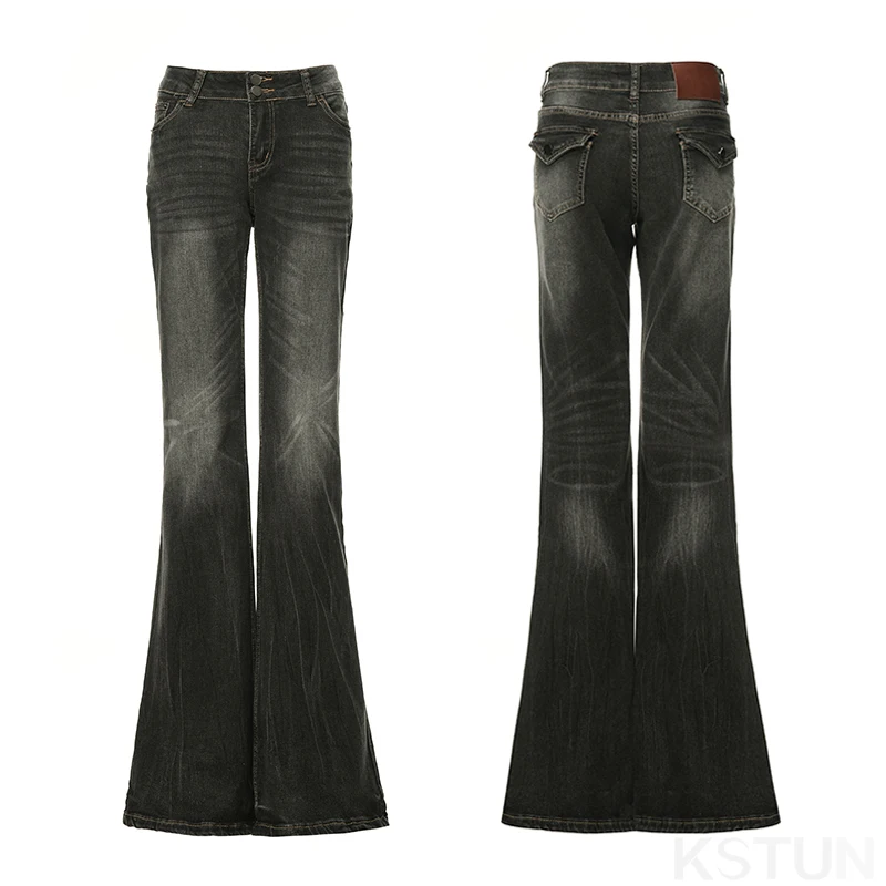 KSTUN Spicy Girl Low-rise Jeans Gray Stretch Women's Slim Flared Pants Office Lady Bell Bottom Trousers Vintage Fashion Pockets
