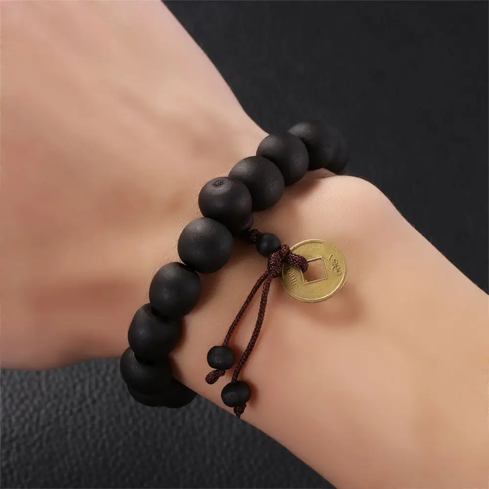 New Lucky Religion Buddha Bracelet Prayer Beads Wood Bead Bangle Copper Coin