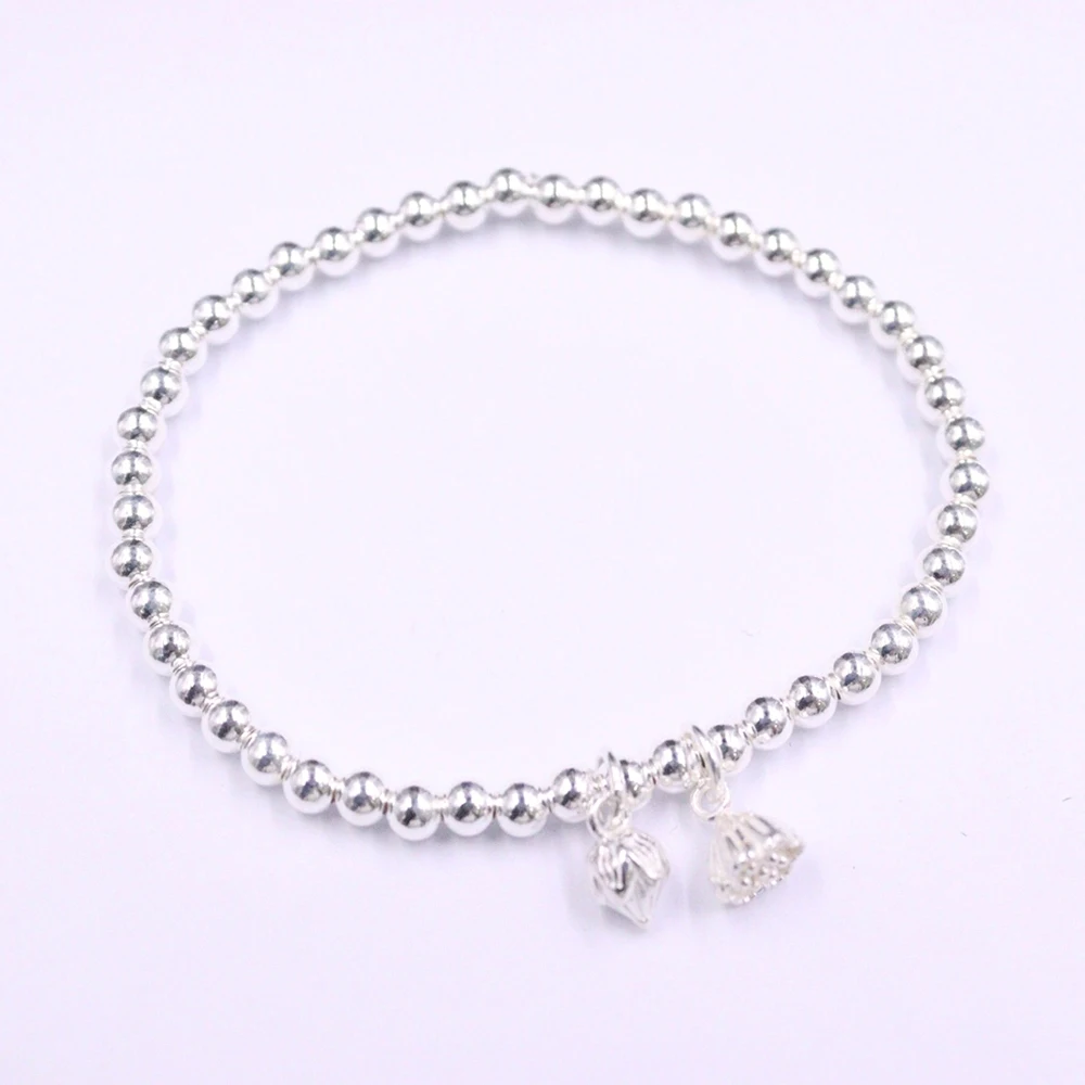 

Real Pure 990 Fine Silver Chain Women Lotus 4mm Glossy Round Beads Bracelet 7-8g