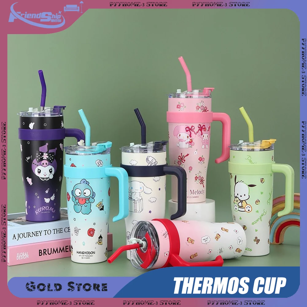 كوب ترمس هالو كيتي بسعة عملاقة مع مقبض كرتوني لطيف زجاجة ترمس فتاة أنيمي الطرفية هدية عيد الميلاد هدية عيد ميلاد