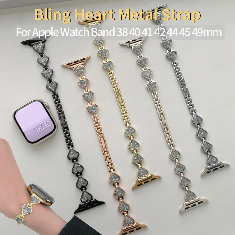 

Bling Heart Shape Metal Strap for Apple Watch 44mm Band 40mm 41mm 38mm 49mm 42 Women Bracelet for Iwatch Series 9 8 7 SE 6 5 4 3