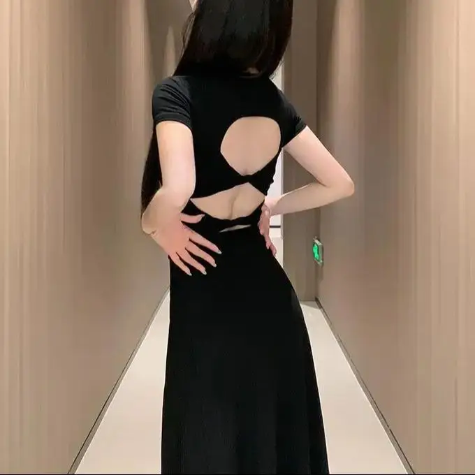 Bow Dress Design Hollow Backless Women Dress Sexy Slim Fit Short Sleeve Maxi Dresses Woman Elegant Solid Party Club Hip Dress