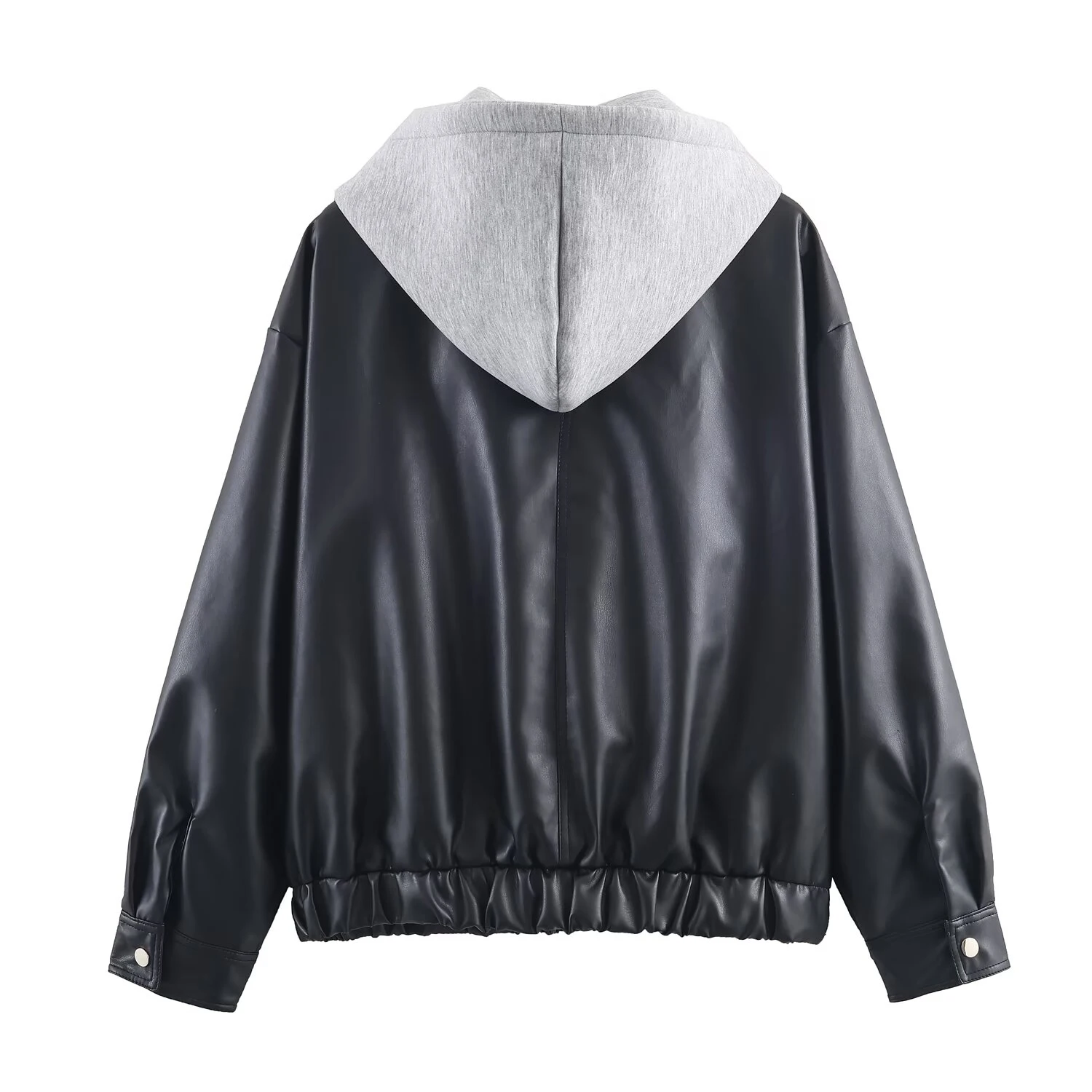 เสื้อแจ็คเก็ตหนังแฟชั่นผู้หญิงสไตล์ยุโรปและอเมริกาสำหรับฤดูหนาวแบบใหม่ ดีไซน์สองชิ้นหลอกตา ตัดต่อผ้าหนัง มีฮู้ด